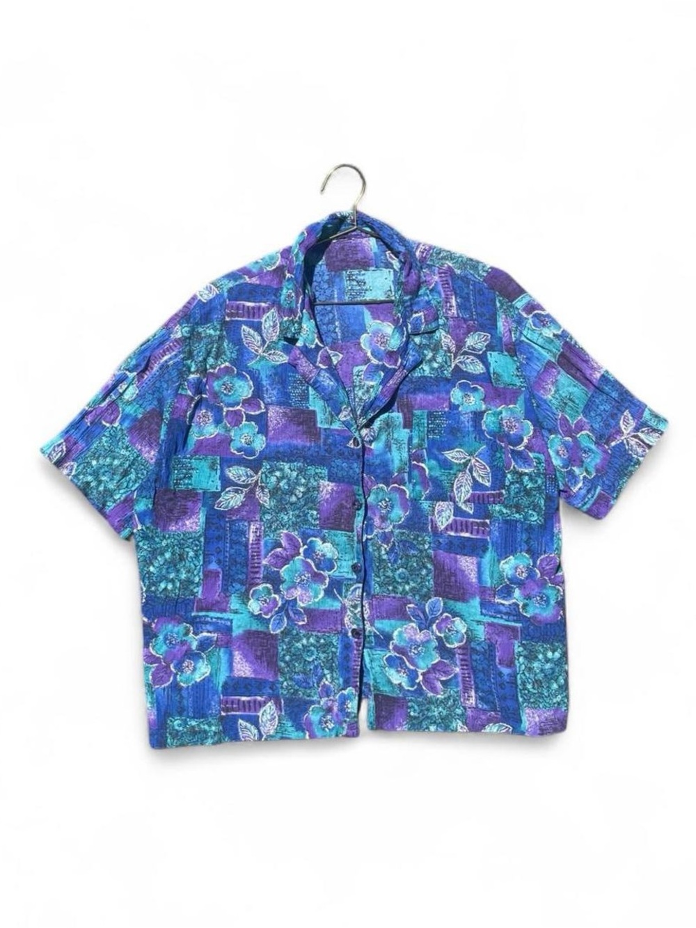 90s Blue Purple Abstract Floral Button-Up Shirt Oversized M/L